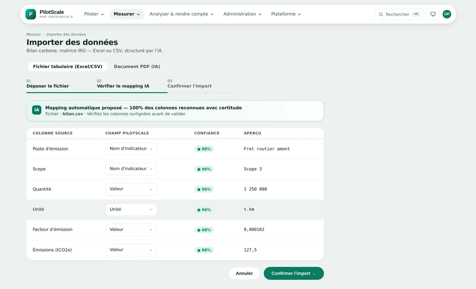 Mapping automatique proposé par l'IA, avec un niveau de confiance par colonne.